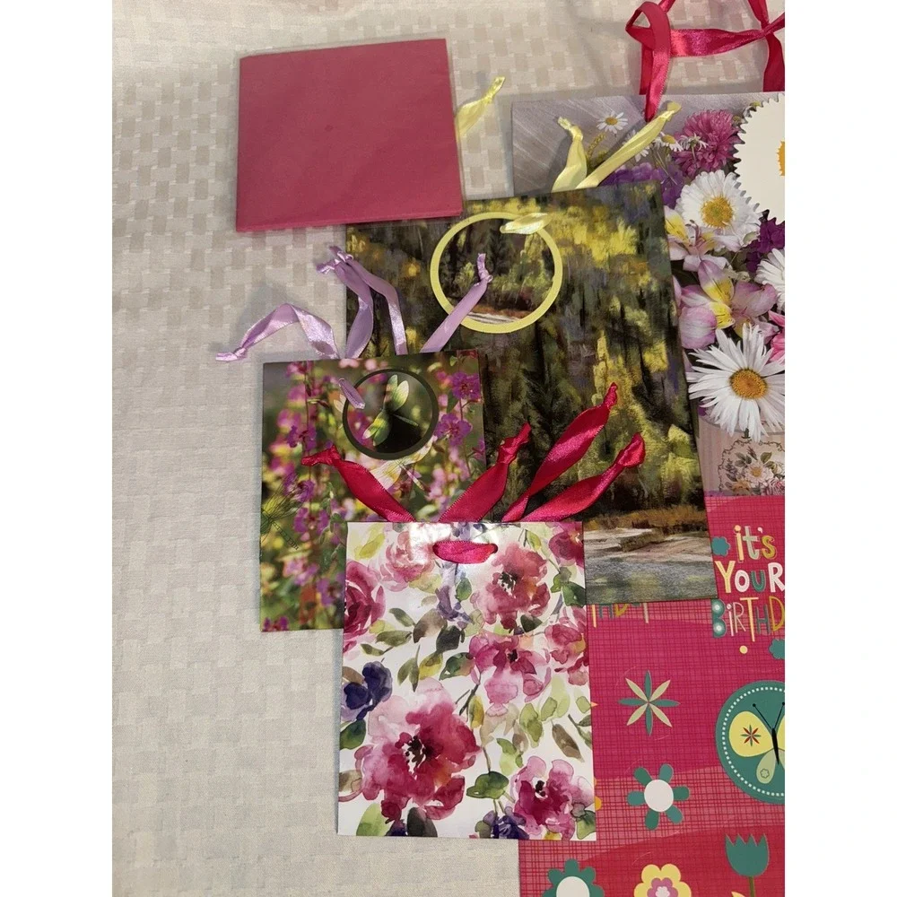 Gem Stone 13 PC Pink Floral Birthday Cards Gift Bags Tissue Pen Set